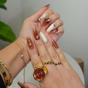 tipsy | Handmade Press On Nails | Coffin Medium | Gloss Nail Art | Golden Mocha